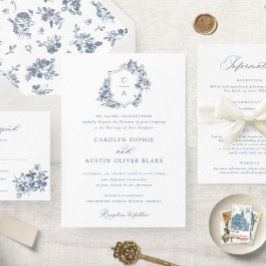 Elegant French Rozen Floral Blue Crest Wedding Kaart