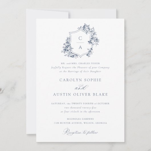 Elegant French Rozen Floral Blue Crest Wedding Kaart (Voorkant)