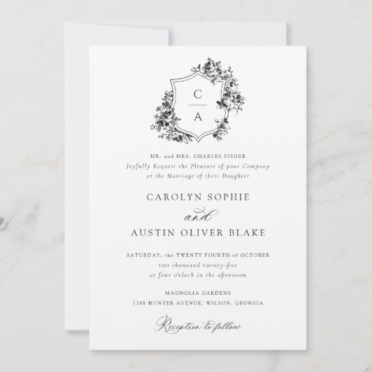 Elegant French Rozen Floral  Crest Wedding Kaart (Voorkant)