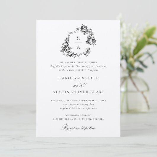 Elegant French Rozen Floral Crest Wedding Kaart (Staand voorkant)