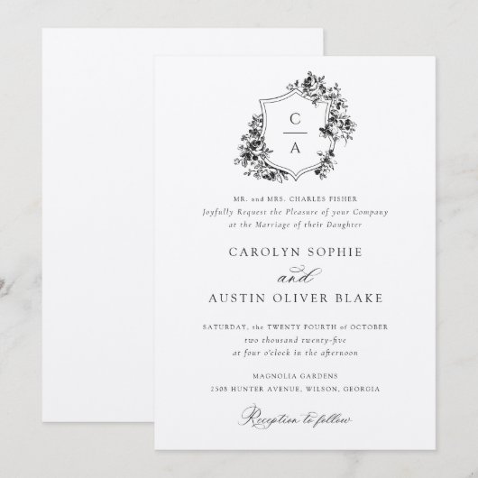 Elegant French Rozen Floral  Crest Wedding Kaart (Voorkant / Achterkant)