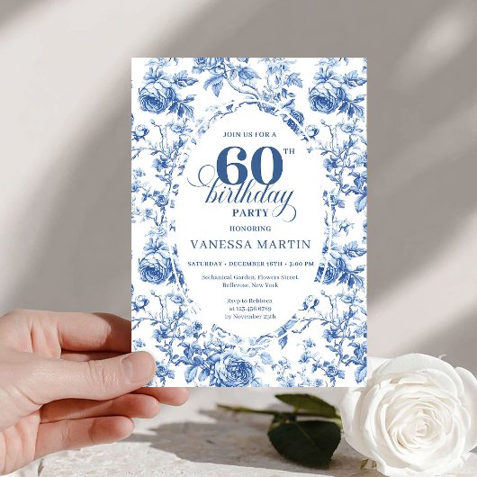 Elegant French Toile Blue Roses 60th Birthday   Kaart