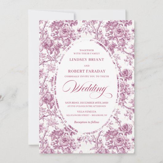 Elegant French Toile Rose Pattern Wedding Invite Kaart (Voorkant)