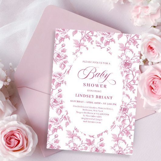 Elegant French Toile Roses Pink Baby Shower Invite Kaart
