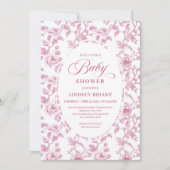 Elegant French Toile Roses Pink Baby Shower Invite Kaart (Voorkant)