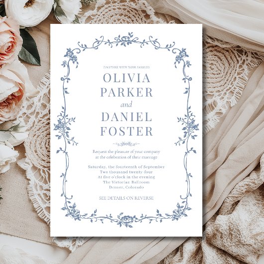 Elegant French Victorian Dusty Blue Wedding  Kaart