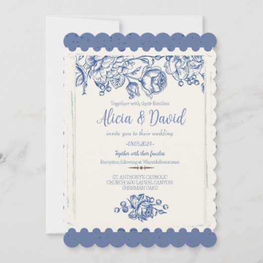Elegant French Vintage Blue Floral Wedding Kaart (Voorkant)