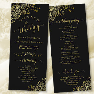 Elegant Frilly Zwart & Goud Bruiloft Programmakaart