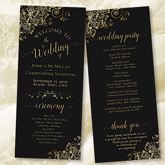 Elegant Frilly Zwart & Goud Bruiloft Programmakaart