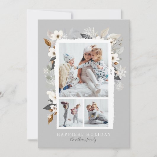 Elegant Frosty Grey Winter Snowflakes & Florals Feestdagenkaart (Voorkant)