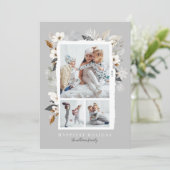 Elegant Frosty Grey Winter Snowflakes & Florals Feestdagenkaart (Staand voorkant)