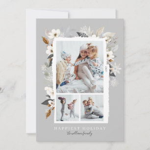 Elegant Frosty Grey Winter Snowflakes & Florals Feestdagenkaart