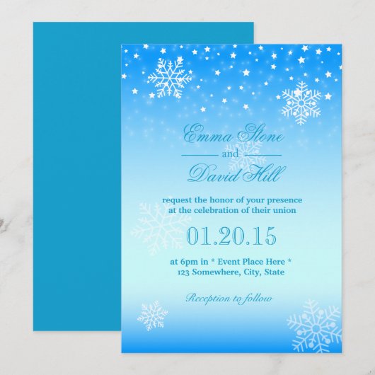 Elegant Frozen Winter Snowflakes Blue Wedding Kaart (Voorkant / Achterkant)