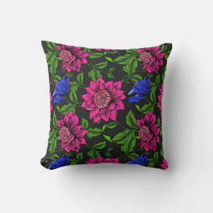 Elegant Fuchsia and Blue Flower Black Background Kussen