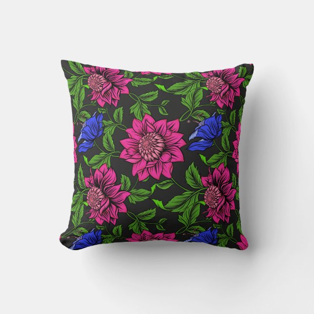 Elegant Fuchsia and Blue Flower Black Background Kussen (Voorkant)