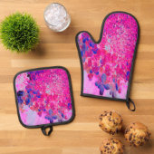 Elegant Fuchsia and Dark Blue Limited Hydrangea Ovenwant & Pannenlap Set (Top down)