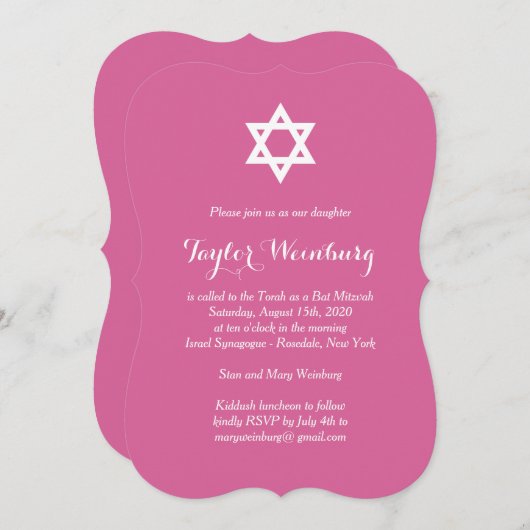 Elegant Fuchsia Bat Mitzvah Uitnodiging (Voorkant / Achterkant)
