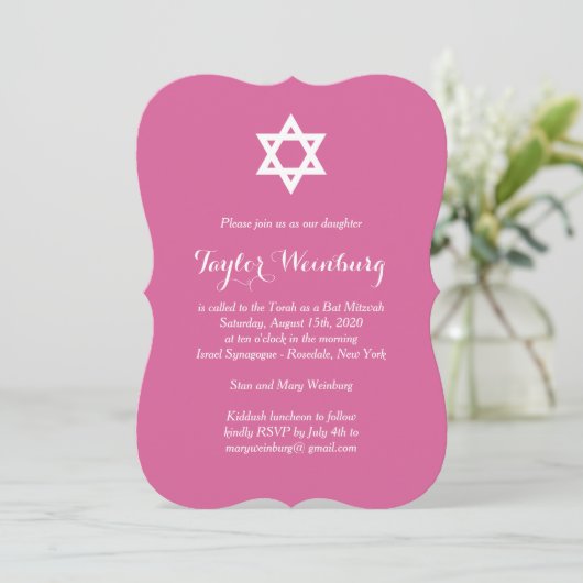 Elegant Fuchsia Bat Mitzvah Uitnodiging (Staand voorkant)
