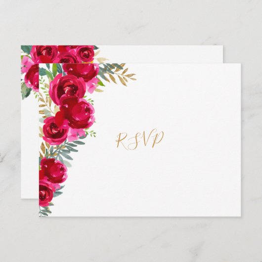 Elegant fuchsia floral gold bruiloft rsvp + entreu uitnodiging briefkaart (Voorkant / Achterkant)