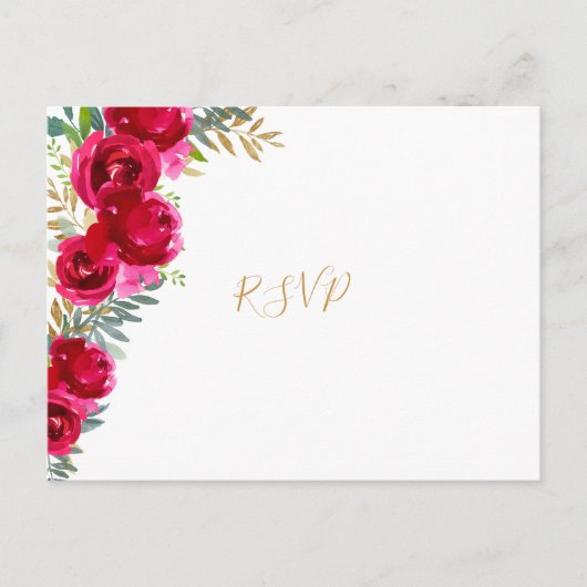 Elegant fuchsia floral gold bruiloft rsvp + entreu uitnodiging briefkaart (Voorkant)