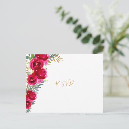 Elegant fuchsia floral gold bruiloft rsvp + entreu uitnodiging briefkaart (Staand voorkant)