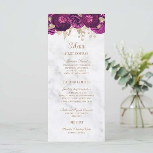 Elegant Fuchsia Floral Gold Marble Wedding Menu (Staand voorkant)