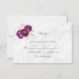 Elegant Fuchsia Floral Gold Marble Wedding RSVP Kaartje