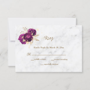 Elegant Fuchsia Floral Gold Marble Wedding RSVP Kaartje