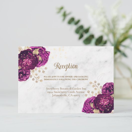Elegant Fuchsia Floral Gold Wedding Informatiekaartje (Staand voorkant)