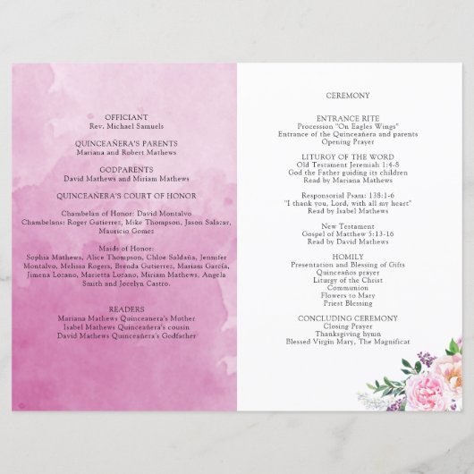 Elegant Fuchsia Floral Quinceañera Welkomstprogram (Achterkant)