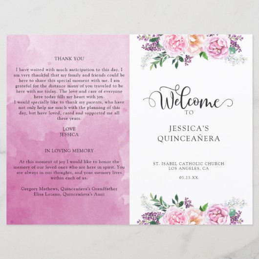 Elegant Fuchsia Floral Quinceañera Welkomstprogram (Voorkant)