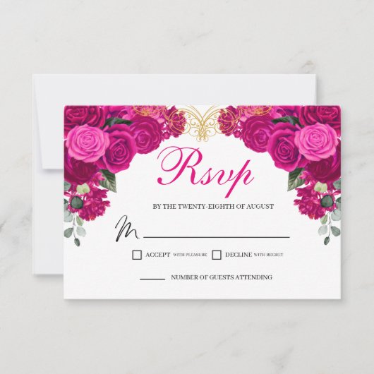 Elegant Fuchsia Gold Floral RSVP Enclosure Card (Voorkant)