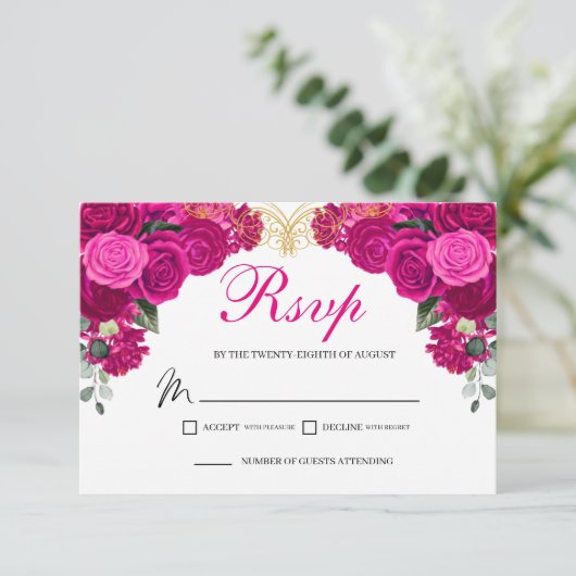 Elegant Fuchsia Gold Floral RSVP Enclosure Card (Staand voorkant)
