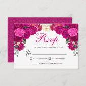 Elegant Fuchsia Gold Floral RSVP Enclosure Card (Voorkant / Achterkant)