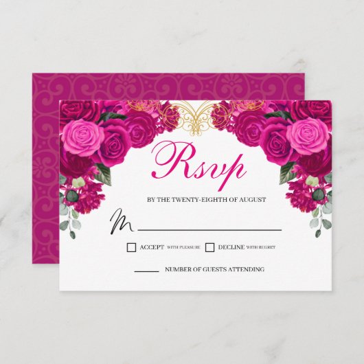 Elegant Fuchsia Gold Floral RSVP Enclosure Card (Voorkant / Achterkant)