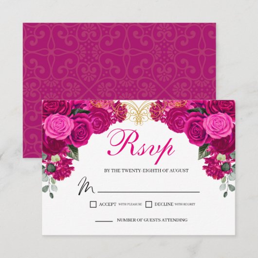 Elegant Fuchsia Gold Floral RSVP Enclosure Card Kaartje (Voorkant / Achterkant)
