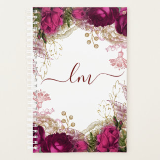 Elegant Fuchsia Gold Roos Floral Initiaal Planner