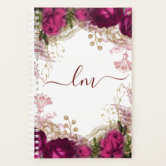 Elegant Fuchsia Gold Roos Floral Initiaal Planner (Voorkant)