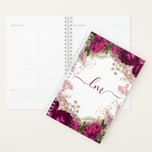 Elegant Fuchsia Gold Roos Floral Initiaal Planner (Display)