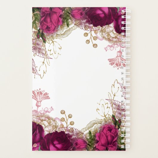 Elegant Fuchsia Gold Roos Floral Initiaal Planner (Achterkant)