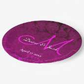 Elegant Fuchsia Hot Roze Wit Bruiloft Monogram Papieren Bordje (Gekanteld)