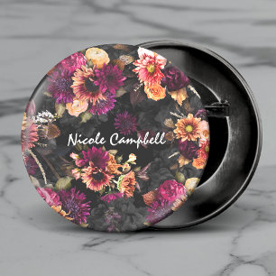 Elegant fuchsia-oranje bloemendrieletterwoord ronde button 3,2 cm