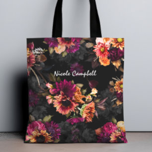 Elegant fuchsia oranje bloemenkleurenmonogram tote bag