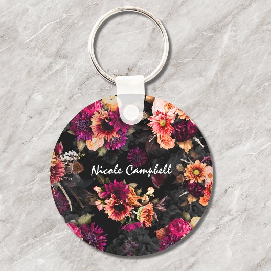 Elegant fuchsia-oranje bloemmonogram sleutelhanger