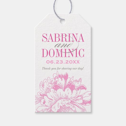 Elegant Fuchsia Pink en Gray Floral Peony Wedding Cadeaulabel (Voorkant)