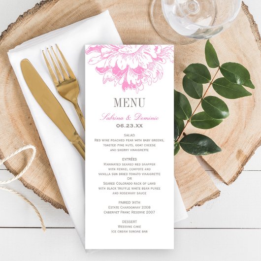 Elegant Fuchsia Pink en Gray Floral Peony Wedding Menu