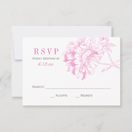 Elegant Fuchsia Pink en Gray Floral Peony Wedding RSVP Kaartje (Voorkant)
