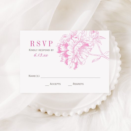 Elegant Fuchsia Pink en Gray Floral Peony Wedding RSVP Kaartje