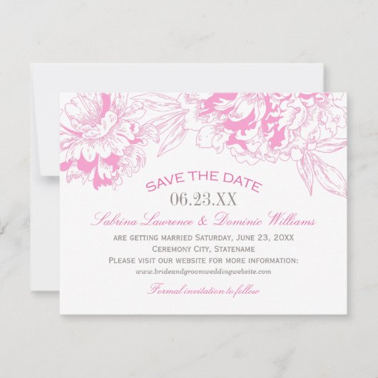 Elegant Fuchsia Pink en Gray Floral Peony Wedding Save The Date (Voorkant)
