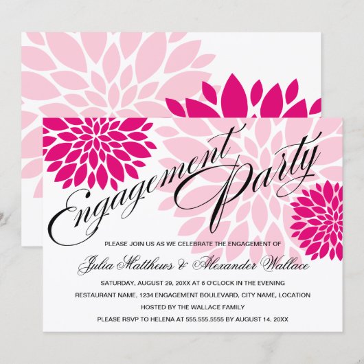 Elegant Fuchsia Pink Floral Burst Engagement Party Kaart (Voorkant / Achterkant)
